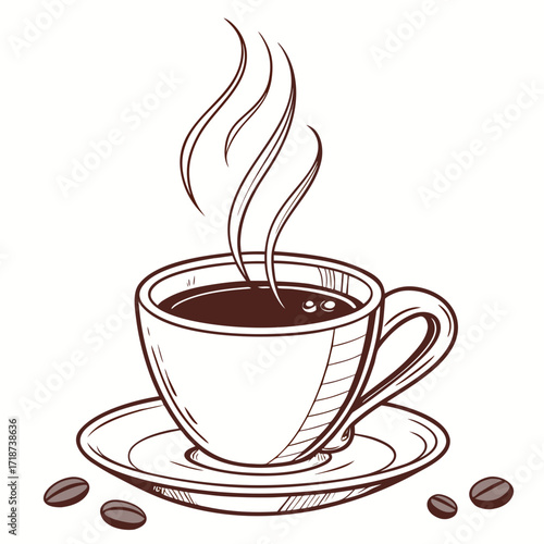 Hot Coffee Cup with Rising Steam and Beans saucer