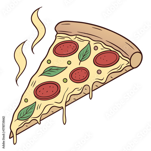 Hot slice of pepperoni pizza with steam rising cheese