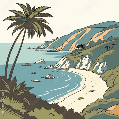 Idyllic coastal landscape with sandy beach and rocky outcrops Keywords: coastal, landscape