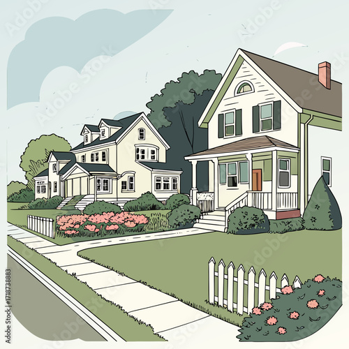 Idyllic suburban street with houses and blooming flowers