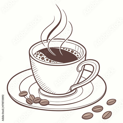 Illustrated Coffee Cup with Steam and Beans saucer