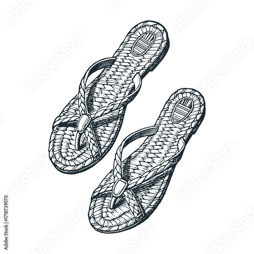 A vintage Sandals. Woven reed– Black and White Icon Vector and Illustration	
