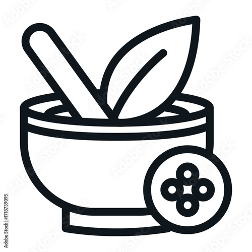 Herbal Bowl with Spoon Line Icon of Homeopathy Icon Set