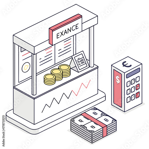 Isometric Currency Exchange Booth with Financial Symbols