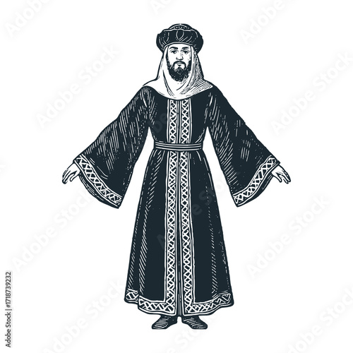 Tartary man wear traditional caftan. Black white hand drawn vector illustration.