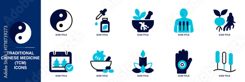 Traditional Chinese Medicine (TCM) Blue Colored Outline Icon Set