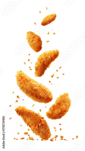Crispy falling chicken nuggets isolated on transparent background