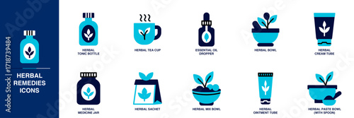 Herbal Remedies Blue Colored Outline Icon Set