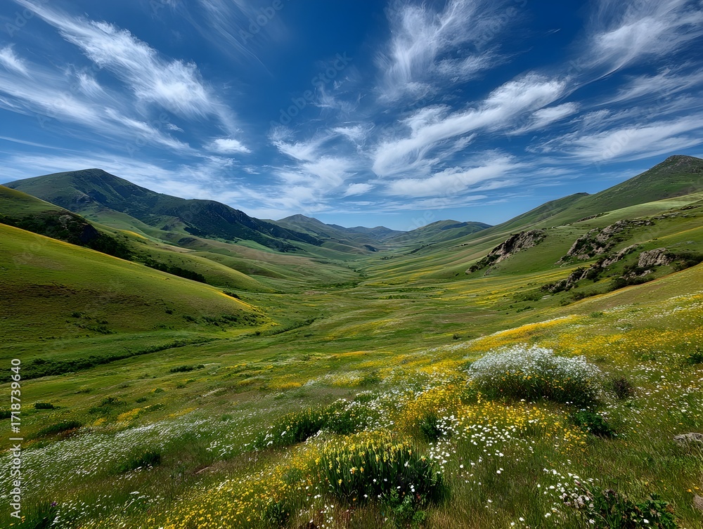 Naklejka premium Rolling green hills covered in wildflowers lead to distant mountains under a bright blue sky with wispy clouds.