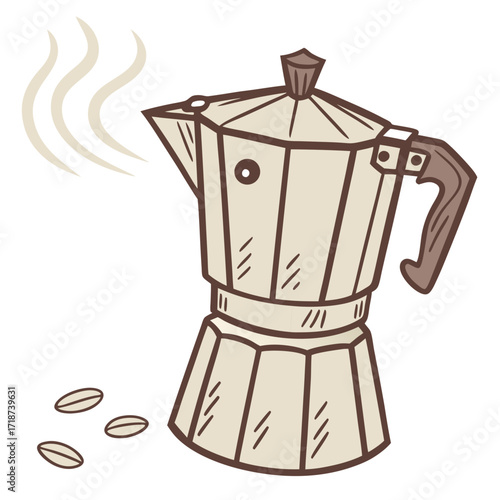 Italian Moka Pot with Coffee Beans and Steam coffee maker