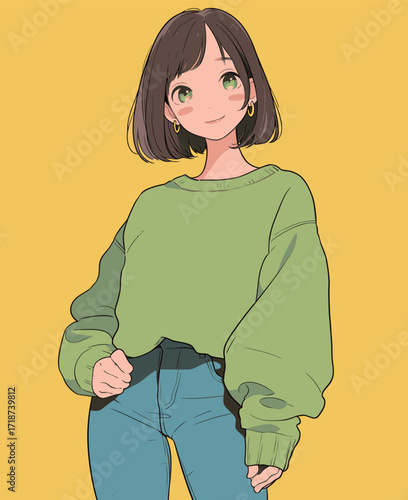 A girl with short brown hair wears a green sweater and blue jeans. She smiles warmly against a bright yellow background, giving a cheerful vibe.