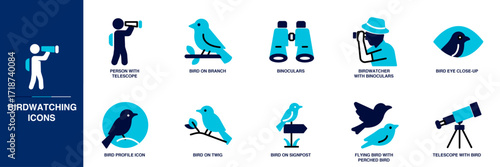 Birdwatching Blue Colored Outline Icon Set