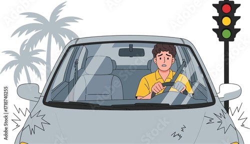Driver in car at red light anxious traffic safety illustration