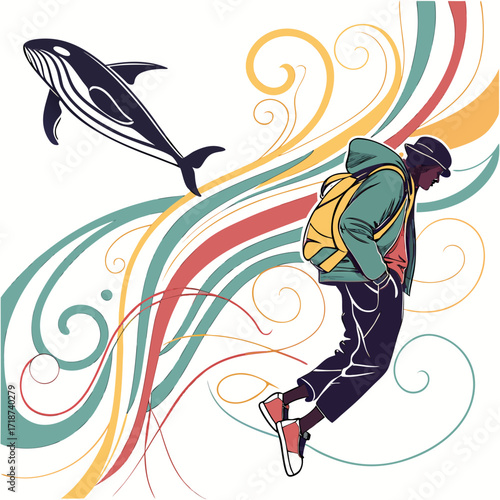 Man with backpack and whale amidst colorful swirling lines