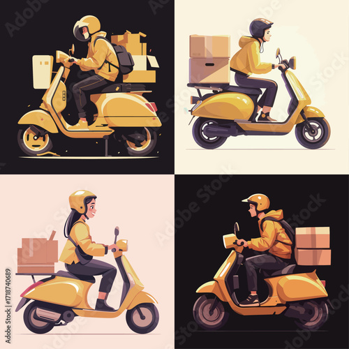 Two delivery riders are seen on yellow scooters, expertly navigating city streets while carrying packages. The scene captures action and determination.