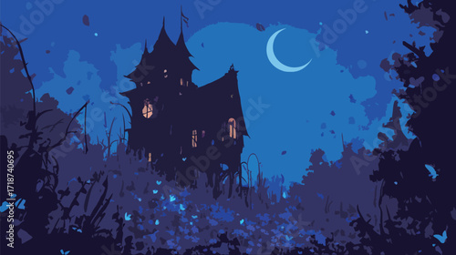 Dark blue hues paint a creepy landscape featuring an old house. The moon shines brightly in the night sky while shadows dance in the garden.