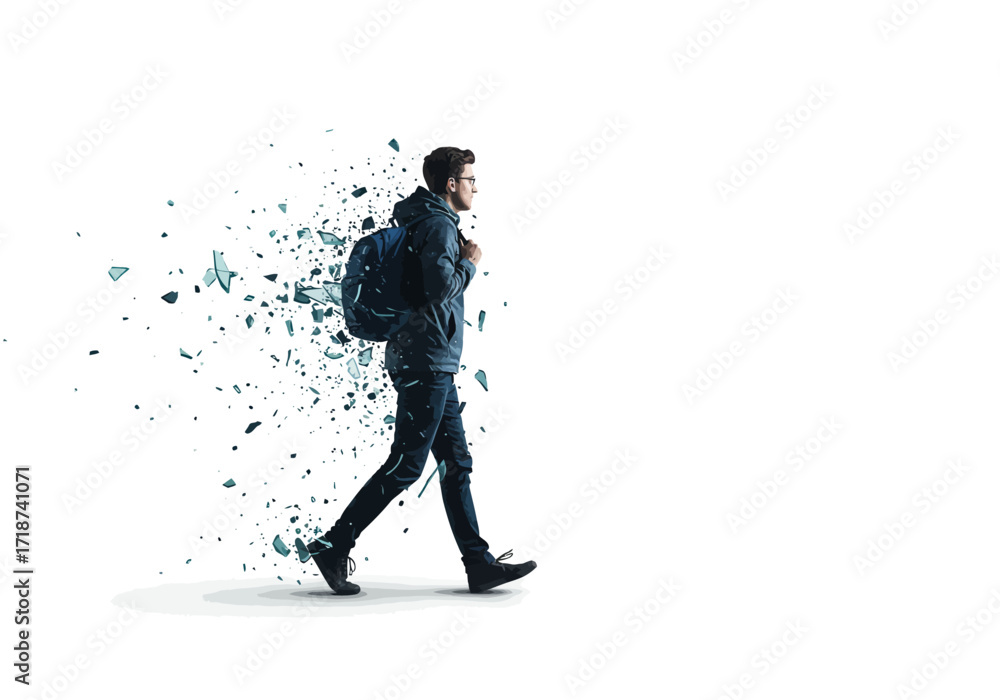 Fototapeta premium Walking Man Dissolving into Fragments with Backpack and Glasses.