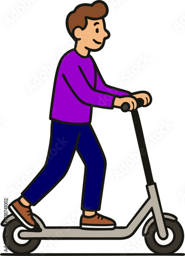 Character man riding on kick scooter in vector design in flat style isolated on white background. Electric transport, technology, ecology concept. active lifestyle, modern clipart
