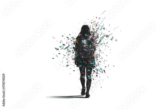 Abstract Silhouette of a Walking Figure with Exploding Backpack.