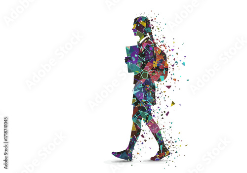 Colorful Shattered Silhouette of a Walking Schoolgirl with Backpack and Books.