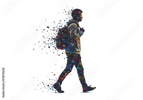 Colorful Fragmentation Portrait of a Walking Young Man with Backpack.