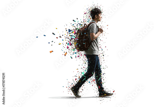 Student walking body dissolving into vibrant multicolored geometric fragments.