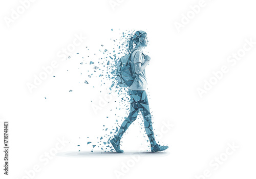 A blue polygonal figure of a walking student with a backpack disintegrating into fragments.
