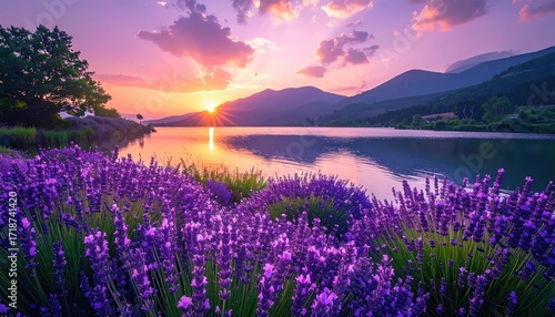 Fototapeta Naklejka Na Ścianę i Meble -  Lavender field at sunset over lake and mountains