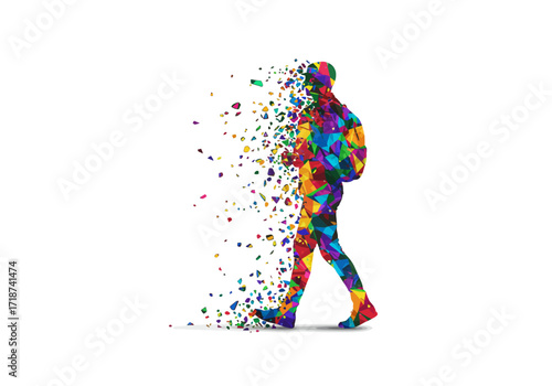 Colorful Abstract Figure of a Walking Person with Backpack Composed of Geometric Shapes.