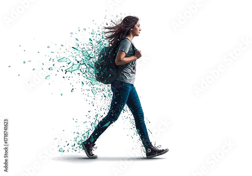 Young Woman Walking with Backpack Teal Glass Shard Explosion Effect.