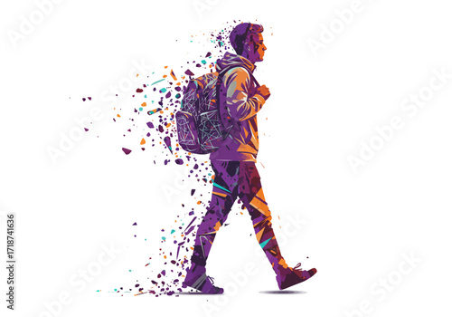 Vibrant abstract illustration of a young man walking with a backpack dissolving into colorful geometric fragments.
