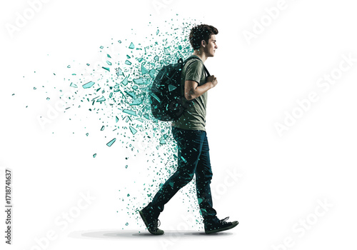 Young Man with Backpack Dissolving into Shards of Glass.