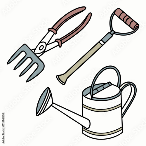 Pastel Colored Garden Tools and Watering Can gardening