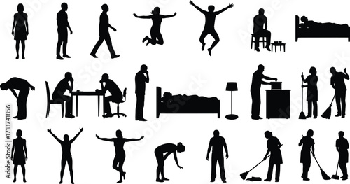 People silhouettes vector set daily activities and professions