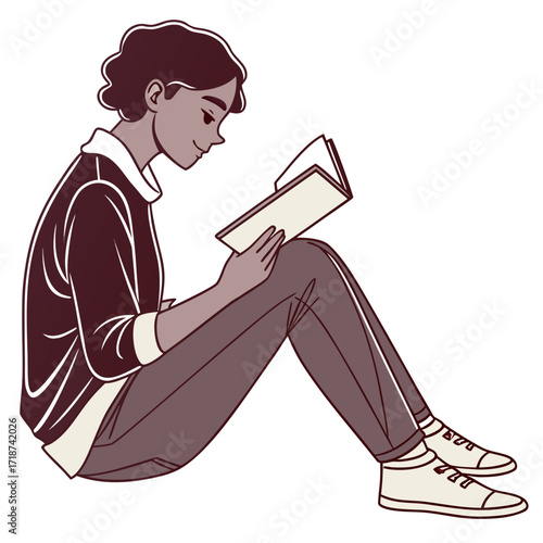 Person sitting cross-legged reading a book illustration