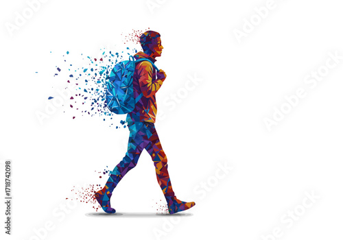 Vibrant Low Poly Student Walking with Backpack Dissolving into Dynamic Geometric Particles.