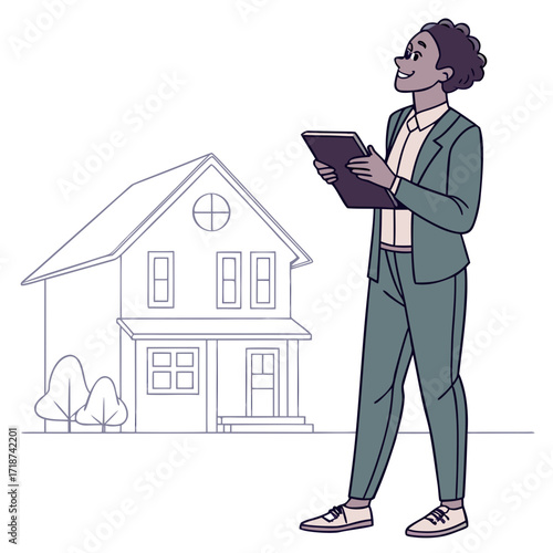 Person with tablet looks up near a house outline illustration