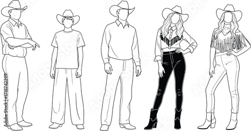 Cowboy and cowgirl line art vector illustration western fashion