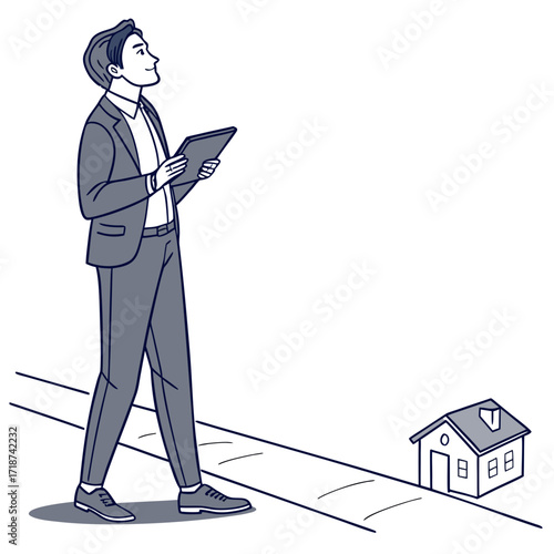 Person with tablet walks past a small house illustration