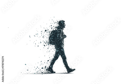 Walking Figure Disintegrating into Fragments with Backpack on White.