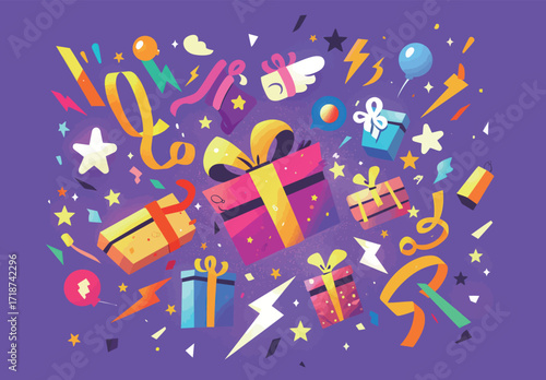 Brightly wrapped gifts in various shapes fill the space, accompanied by lively decorations like stars and balloons, creating a joyful festive atmosphere.