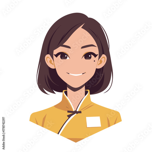Cartoon character shows a young woman with short black hair, wearing a bright yellow outfit. She has a friendly smile, making her appear approachable and cheerful.