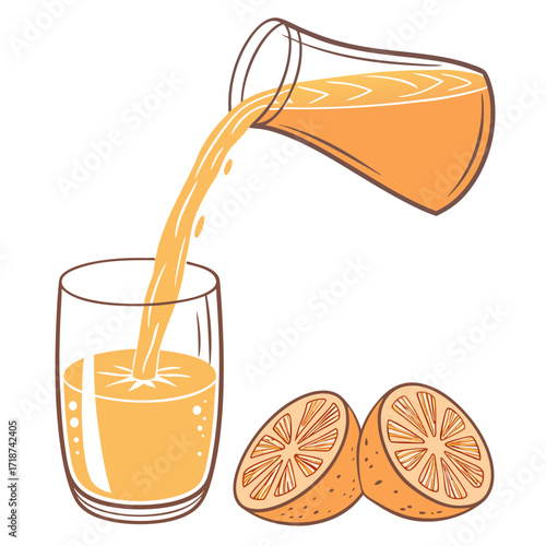 Pouring orange juice from a jug into a glass with oranges