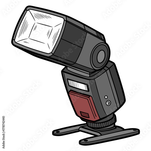 Professional Camera Flash Unit with Red Accent Keywords: camera flash, speedlight, flash unit