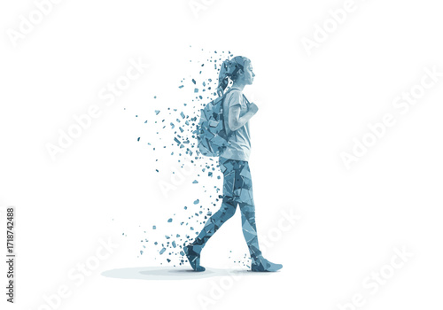 Blue lowpoly illustration of a walking girl with a backpack dissolving into fragments.