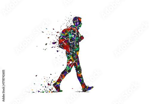 Dynamic Multicolored Fragmented Silhouette of a Person Walking with Backpack.
