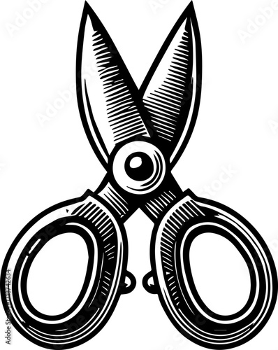 Illustration of open scissors with detailed hatching and rounded handles in black and white style
