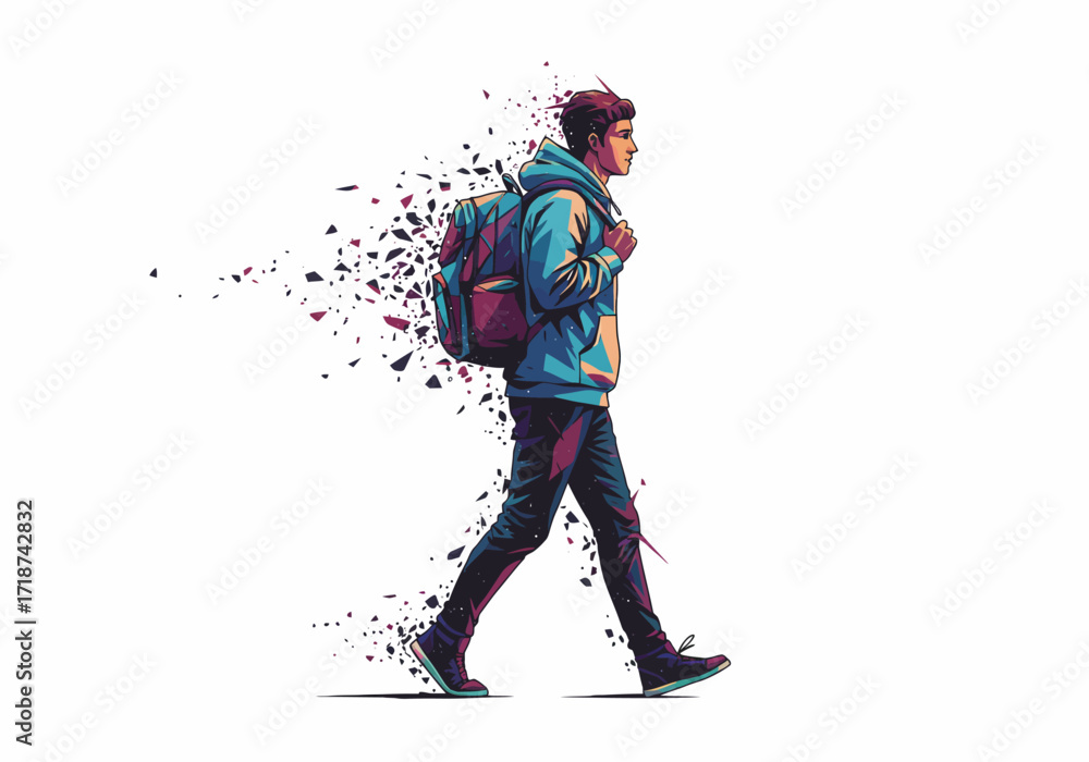 Fototapeta premium Dynamic Walking Figure with Abstract Backpack.