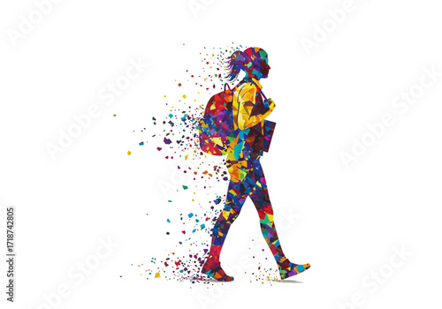 Vibrant polygonal silhouette of a schoolgirl walking shattering into colorful fragments.