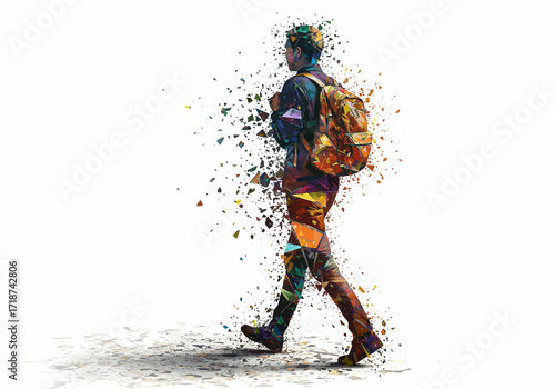 Abstract Geometric Figure of a Person Walking with Backpack.
